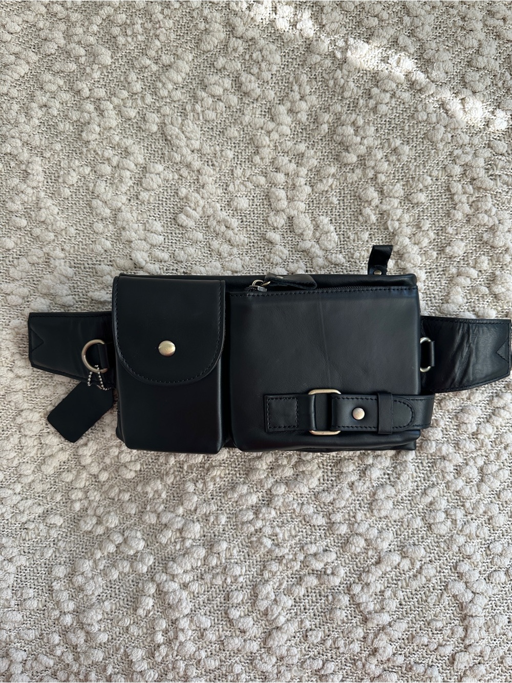Black Leather Utility Belt Bag Fanny Pack Multi Pocket Snap Buckle Waist Bag